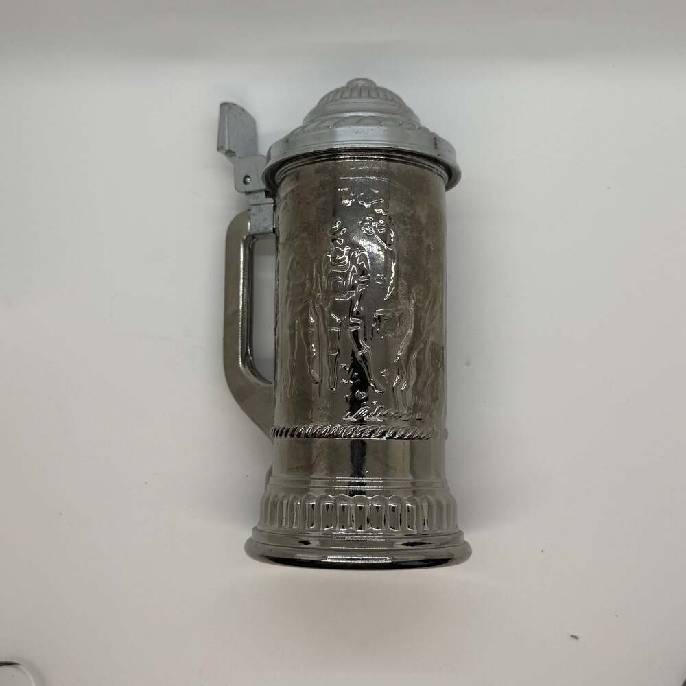 Vintage Avon Hunters Beer Stein Silver Tone Glass Hunting Scene Hinged Lid